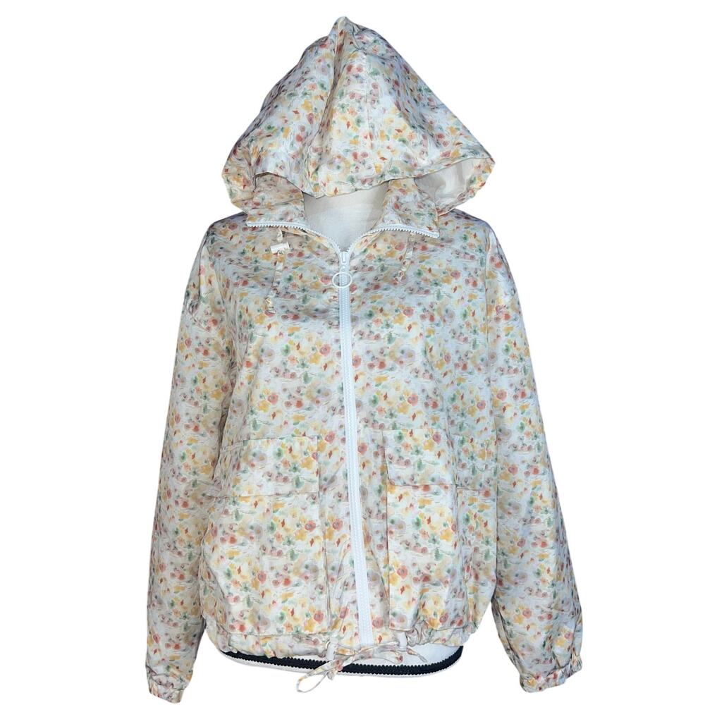 NWOT Pastel Floral Hooded Spring Windbreaker Jacket Raincoat Size Medium